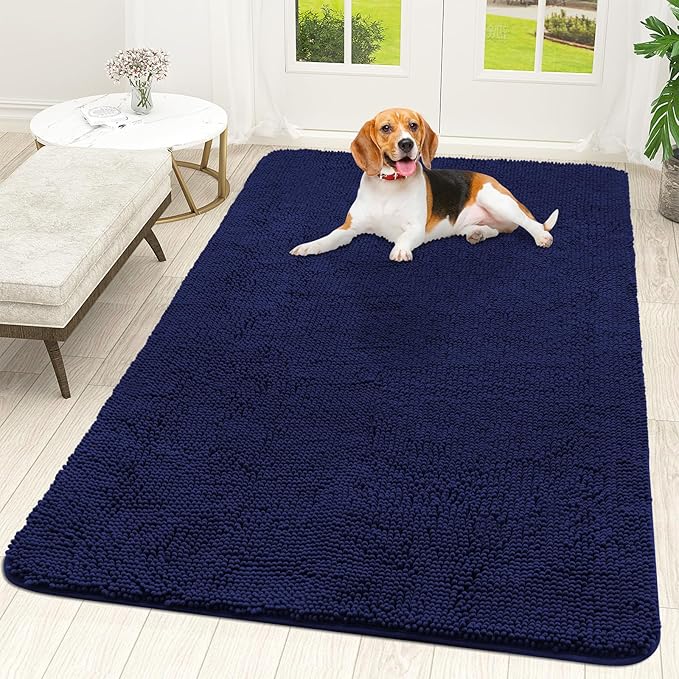 OLANLY Dog Door Mat for Muddy Paws 70x46, Absorbs Moisture and Dirt, Absorbent Non-Slip Washable Doormat, Quick Dry Chenille Mud Mat for Dogs, Entry Indoor Entryway Carpet for Inside Floor, Navy Blue by OLANLY