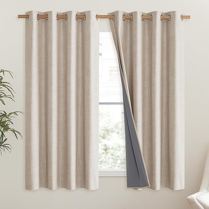 NICETOWN Cream 100% Blackout Linen Curtains 45 inch Long Burg for Living Room, 1 Pair, 52" Width Each Panel, Farmhouse Thick Completely Blackout Window Treatment Thermal Insulated Drapes - Image 2