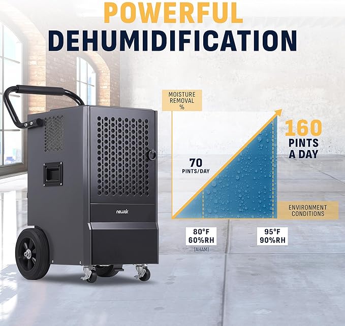 NewAir 160-Pint Commercial Dehumidifier with Pump | Heavy-Duty Industrial Dehumidifier with Drain Hose | For Basements, Water Damage Repair and Large Space Humidity Control - Image 2
