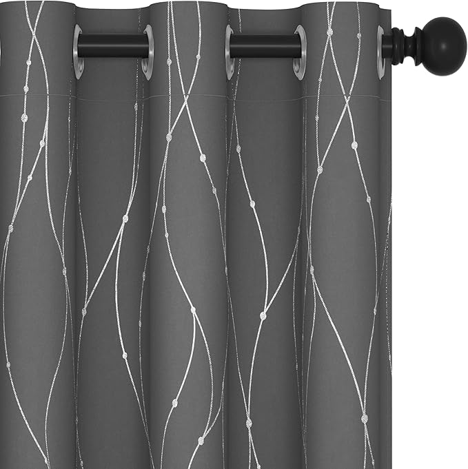 Deconovo Blackout Curtains, Grey Curtains, Thermal Insulated Soundproof Grommet Drapes, Silver Wave Dot Foil Print, 42 x 72 Inch, 2 Panels, Machine Washable Window Panel for Living Room Bedroom Office by Deconovo