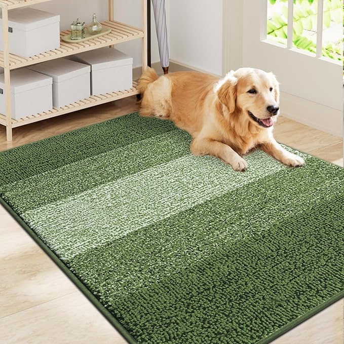 Smiry Dog Door Mat for Muddy Paws, Absorbs Moisture and Dirt, Low-Profile Entryway Mat with Non-Slip Backing, Entry Indoor Outdoor Doormat for Inside Floor (40x32 Inches, Green, Striped) by Smiry