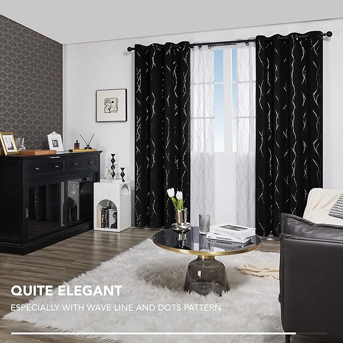 Deconovo Sliding Door Curtains 108 Inch Long, Blak Blackout Window Drapes, Privacy Soundproof Thermal Insulated Curtain with Wave Dots Silver Print, Grommet Top, Set of 2 Panels for Patio Door Bedroom - Image 6