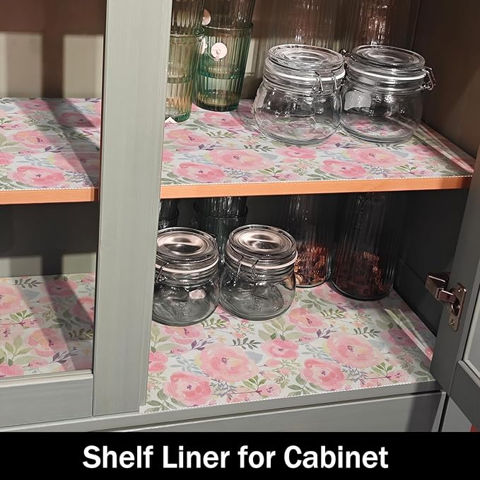 Peach Peony Shelf and Drawer Liner for Kitchen,Non-Adhesive and Strong Non-Slip Floral Cabinet Drawer Liners for Kitchen Shelf, Waterproof Cupboard Liners,Easy to Clean,12IN x 10FT - Image 3