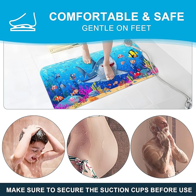 XIYUNTE Baby Bath Mat for Tub Non Slip Kids Bath Mat - 40''x16'' Extra Long Cartoon Shark Baby Bath Tub Mat Eco-Friendly Toddler Bath Mats with Suction Cups & Drain Holes, Easy to Clean & Easy Drying - Image 8