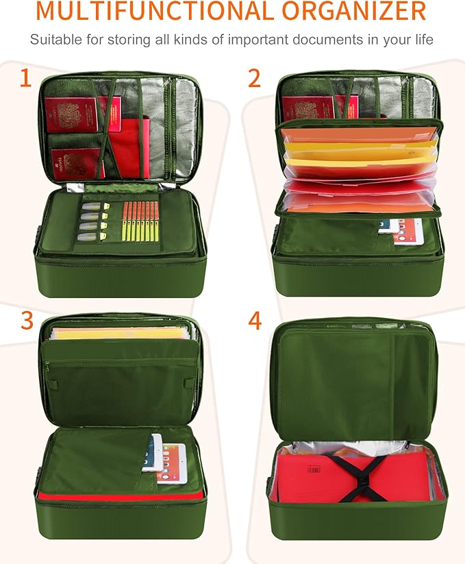 Noiposi Important Document Organizer, Waterproof and Fireproof Document Box with 7 Pockets File Folder,Portable Home Fire Safe Storage Box Case with Lock for Documents,File and Card,Green - Image 3