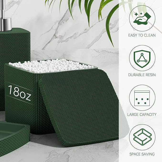Dark Green Bathroom Accessories Set 5 Pieces, Resin Toothbrush Holders Set Complete with Soap Dispenser, Toothbrush Holder, Vanity Tray, Bathroom Tumbler and Qtip Holder for Small Spaces - Image 5