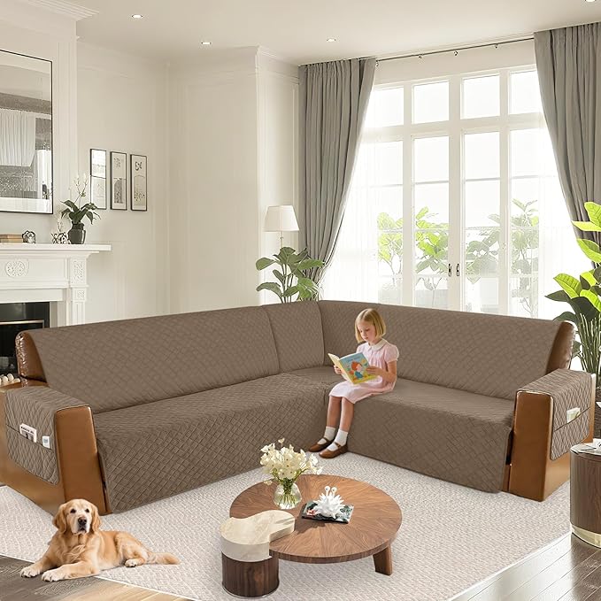 Arfntevss Waterproof Sectional Couch Covers L Shape Washable Velvet Sofa Cover for Sectional Non Slip Large Corner Slipcovers Dog 6 Pcs Universal U Shaped Furniture Protector (Light Brown, X-Large) - Image 6