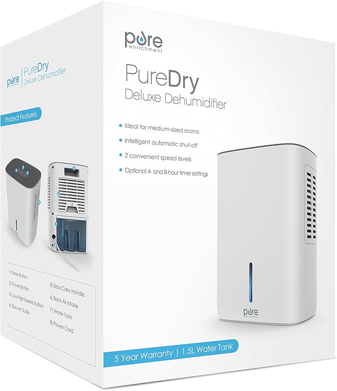 Pure Enrichment PureDry Deluxe Dehumidifier - Mid-Sized 1.5L Water Tank Eliminates 500ml/day in Excess Moisture from Closets, Bathrooms, Basements, Boats, Kitchens and Other Small to Mid-Sized Areas - Image 8