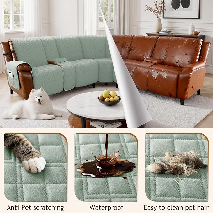 Arfntevss Waterproof Recliner Sectional Couch Covers for Reclining L Shape Sofa Cover Non Slip Washable L Shaped Slipcover Sets for Dog Furniture Protector (5 Seat with 2 Console Cover, Sage Green) - Image 6