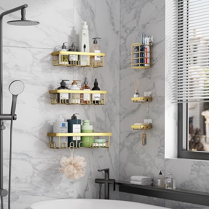 Veken Adhesive Shower Caddy 6-Pack,Gifts for Women Mom,Heavy Weight Bearing,Large Wall Mounted Bathroom Shelves Rack,Organizer Storage Accessories with Soap Dish&Toothbrush Holder,Bright Gold - Image 4