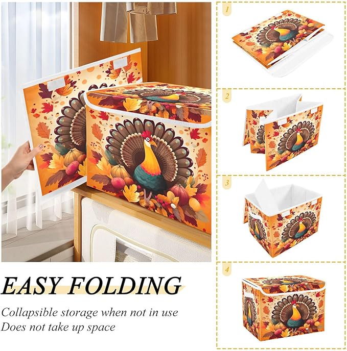 xigua Thanksgiving Turkey Storage Bins with Lids and Carrying Handle,Foldable Storage Boxes Organizer Containers Baskets Cube with Cover for Home Bedroom Closet Office - Image 4