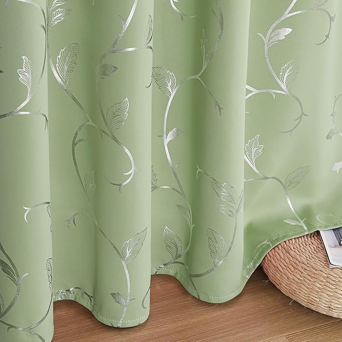BUHUA Blackout Curtains Silver Foil Print Flower Vine Grommet Drapes, Room Darkening Thermal Insulated Curtains, Noise Reducing Curtain for Bedroom, Grass Green, 52Wx72L, 2 Panels - Image 7