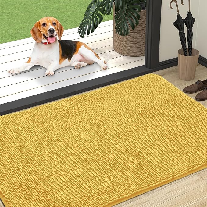 OLANLY Dog Door Mat for Muddy Paws 47x32, Absorbs Moisture and Dirt, Absorbent Non-Slip Washable Doormat, Quick Dry Chenille Mud Mat for Dogs, Entry Indoor Entryway Carpet for Inside Floor, Yellow by OLANLY