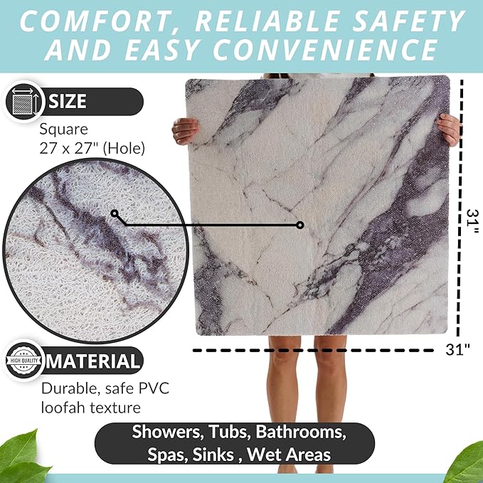 Square Shower Mat - Non Slip Shower Mats for Inside Shower - Extra Large 31x31 Shower Floor Mat Non Slip - Square Bath Mat for Shower - Secure Anti Slip Loofah Shower Bath Mat (31x31 Blue Grey) - Image 3