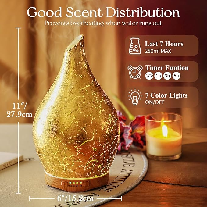 Porseme 280ml Essential Oil Diffuser, 3D Glass Aromatherapy Diffusor, Ultrasonic Cool Mist BPA Free Aroma Humidifier with Timer and Color Changing Function, Waterless Shut-Off for Home Office Room - Image 3