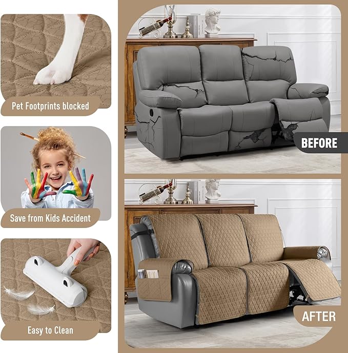 TAOCOCO 100% Waterproof Recliner Cover, Non-Slip Washable Reclining Couch Cover with Elastic Leg Straps, Furniture Protector for Dogs (Khaki,3 Seater) - Image 2