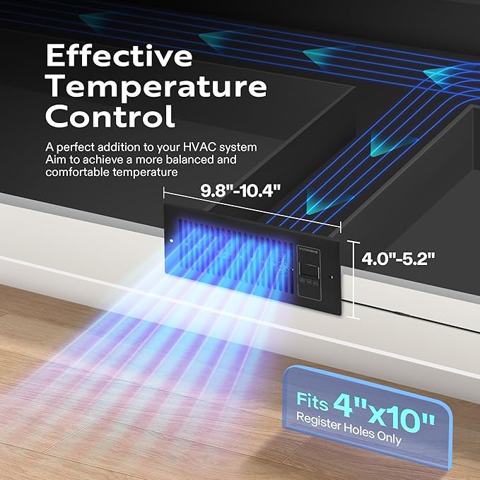 VIVOHOME Quiet Register Booster Fan with Opening 4'' x 10'' with Intelligent Thermostat 10-Speed Control, 11.8" x 5.5" Vent Cover, Smart Register Vent for Room Floor Wall, Black - Image 2