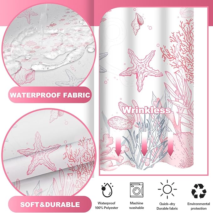 Extra Long No Hook Shower Curtain with Snap in Liner, Beach Ocean Nautical Coastal Shower Curtains and Liner Set for Bathroom, Seashell Fabric Bath Curtain, Waterproof Washable, Pink 71"x84" - Image 3