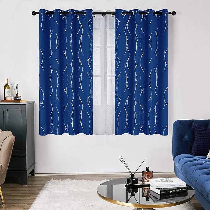 Deconovo Blackout Curtains, 52 x 63 Inch Drapes for Living Room with Wave Dots Silver Print, Soundproof Thermal Insulated Window Curtain for Bedroom Nursery, Set of 2, Machine Washable, Royal Blue - Image 2
