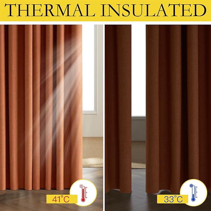 NICETOWN 100% Absolutely Blackout Linen Curtains with Thermal Insulated Liner, Terracotta, 52" Wide, 2 Panels, 84 inches Long Drapes, Grommet Retro Linen Curtains Vertical Drapes Privacy for Bedroom - Image 4