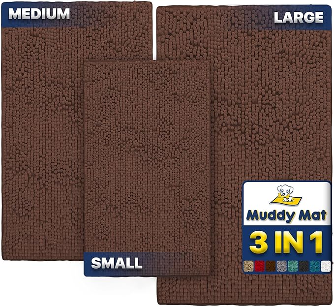 Muddy Mat® Pack of 3 Highly Absorbent Microfiber Dog Door Mat and Pet Rug, Non Slip Thick Washable Area Mat Soft Chenille for Kitchen Bathroom Bedroom and Outdoor - Brown Small, Medium & Large by MuddyMat%C2%AE