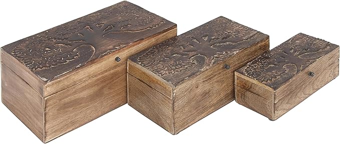 Deco 79 Mango Wood Floral Handmade Decorative Box Decorative Keepsake Boxes with Hinged Lid, Set of 3 Storage Boxes 8", 10", 12"W, Brown by Deco79