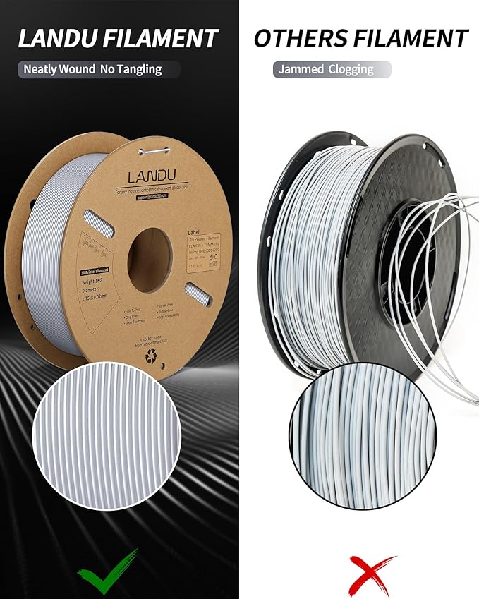 LANDU Silk PLA Filament 1.75mm Silver 1KG, 3D Printer Filament Dimensional Accuracy +/- 0.02mm, 1kg Cardboard Spool(2.2lbs), Neatly Wound 3D Printing Filament Fits for Most FFF 3D Printers, Silver - Image 4