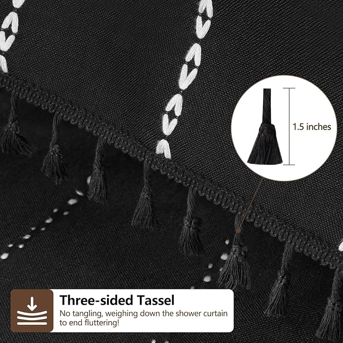 Country Farmhouse Shower Curtain Heavyweight with Tassels, Soft Linen Textured Thick Fabric Shower Curtain Black White Striped, 72 x 72 Inch Vintage Boho Bathroom Shower Curtain Water Repellent - Image 4