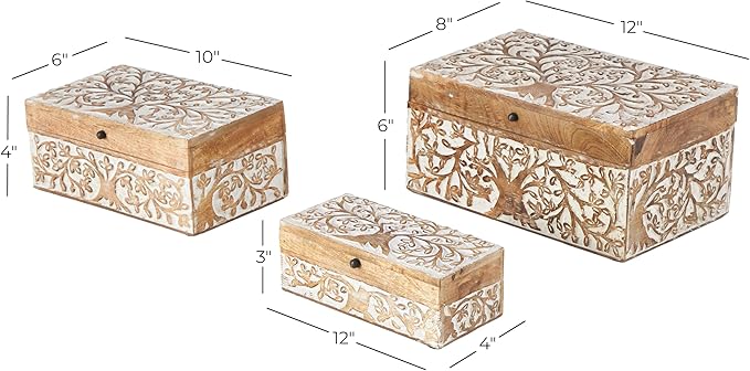 Deco 79 Mango Wood Floral Decorative Box Decorative Keepsake Boxes with Hinged Lid, Set of 3 Storage Boxes 8", 10", 12"W, Brown - Image 6