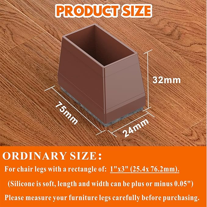 Rectangle Chair Leg Protectors for Hardwood Floors,16 PCS Silicone Covers to Protect Wood Tile Floors Felt Pads Furniture Leg Caps Reduce Noise. Easy to Move.(Brown,1 x 3 Inch,Rectangle) - Image 2