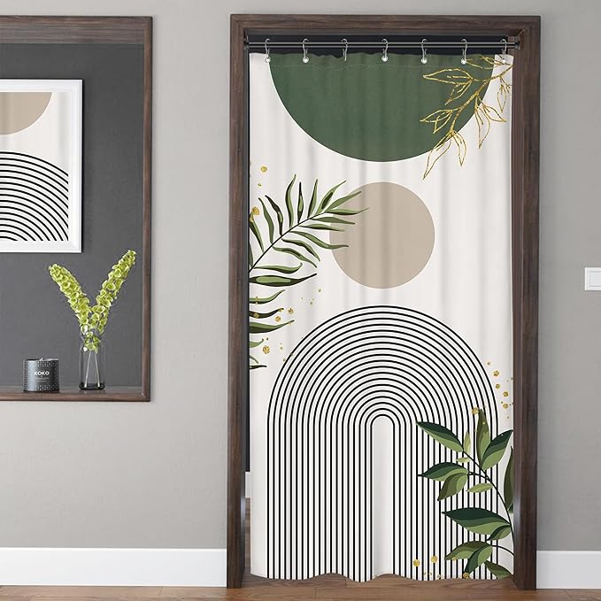 Small Stall RV Shower Curtain 36Wx72H Half Single Green Modern Boho Mid Century Abstract Gold Leave Grey Plant Bathroom Decor Minimalist Arch Aesthetic Bath Curtain Polyester 7 Pack Hooks - Image 2