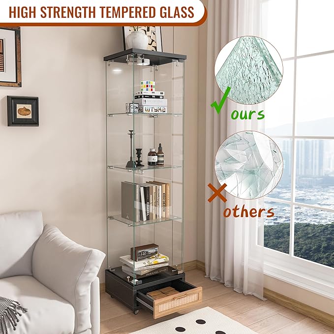 Yoluckea 4-Tier Glass Display Cabinet with LED Lighting and Drawer, 1-Door Floor Standing Curio Cabinet with Wheel for Home, Office, Corner Display, Black Glass Bookshelf for Collections and Decor - Image 6