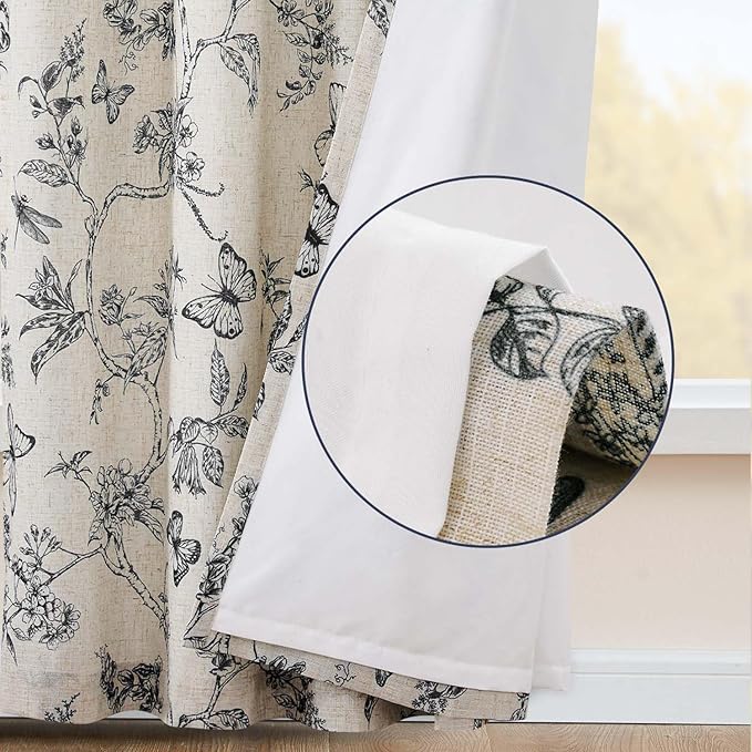 jinchan Floral Curtains Lined Linen Blend Curtain for Living Room 96 Inch Length Black Farmhouse Flower Patterned Curtain French Country Curtains Drapes Back Tab Rod Pocket 2 Panels - Image 3