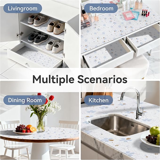 FIFTY FEET 20"x120" Non-Adhesive Shelf Liner for Kitchen Cabinets and Drawers, Washable Non-Slip PVC Cabinet Liner (White Floral)(1 Roll) - Image 9