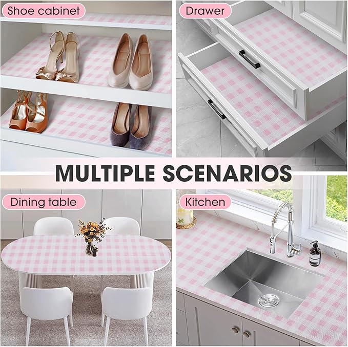 Drawer and Shelf Liner, Non-Slip Kitchen Cabinet Liners Non-Adhesive Thick Strong Grip Waterproof Washable Mats Protect Dresser Shelves Cupboard Bathroom Cabinets, Pink Plaid, 18 in X 10 FT - Image 9