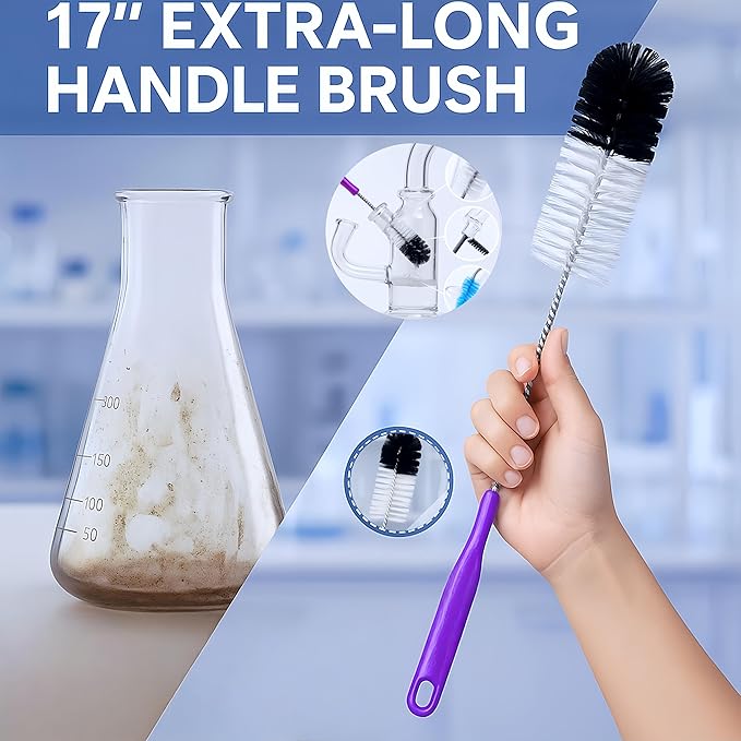 12Pcs Glass Tube Pipe Nylon Cleaners Brush Kit - for Curved Glass Tube, Hookahs & Bottles, Hard-to-Reach Crevices,17” Long Handle Brush, 8.2” Multi-Diameters Brushes,35” Flexible Dual-Head Brush - Image 6