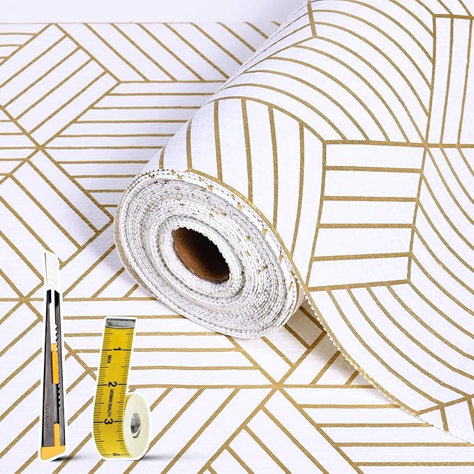 Shelf Liners for Kitchen Cabinets 23.6in x 49.21FT, Non Adhesive Cabinet Liner Strong Non-Slip Thickened Gold Geometric Drawer Liner, Easy to Clean for Shelf, Cabinet with Knife and Tape Measure by Kimhan