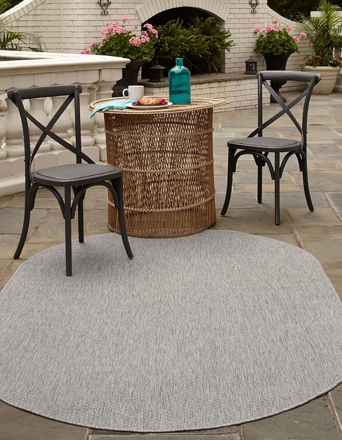 Unique Loom Collection Casual Transitional Solid Heathered Indoor/Outdoor Flatweave Area Rug (3' 3" x 5' 3" Oval, Light Gray/Ivory) - Image 3