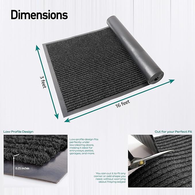 MaxMat® Oversized Rubber Door Mat - Heavy Duty, Waterproof, Low-Profile, Easy to Clean, Commercial Floor Mat (3 x 16 Feet, Black, MXM-RIB0316BK) - Image 2