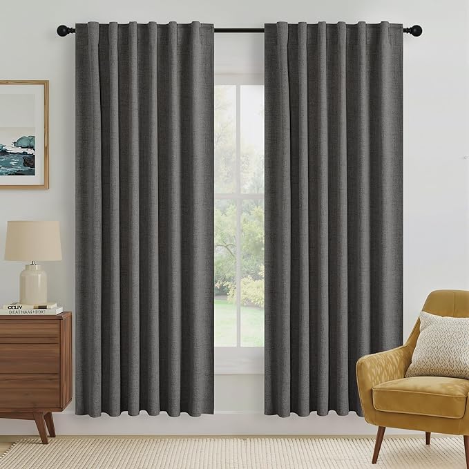 RYB HOME Grey 100% Blackout Linen Curtains 72 inch Long, Thermal Insulated & Privacy Assurd Drapes for Bedroom/Office/Nursery, Rod Pocket & Back Tab Window Treatment, W52 X L72, 2 Panels by RYBHOME