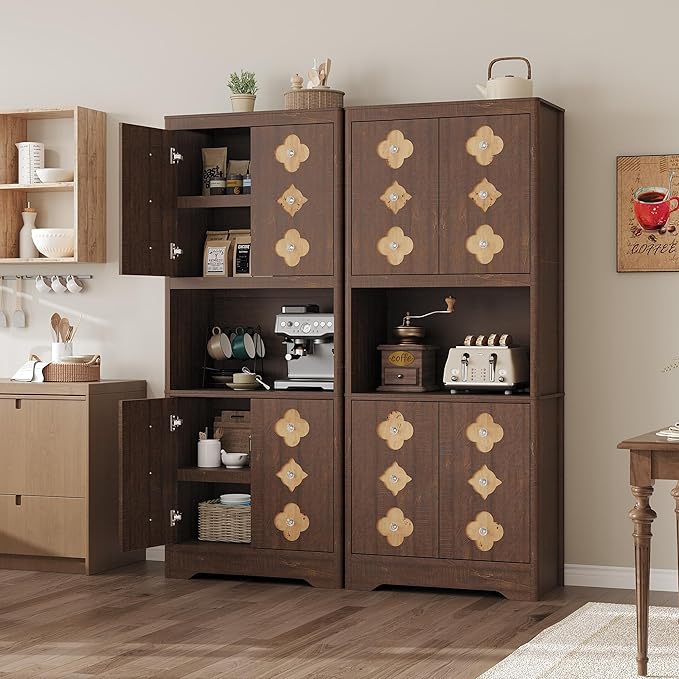 Garvee 72" Tall Pantry Cabinet, Kitchen Hutch Storage Cabinet with Countertop for Microwave, Freestanding Wooden Cupboard with Carved Door & Crystal Handle, for Dining Room, Living Room, Reddish Brown - Image 3