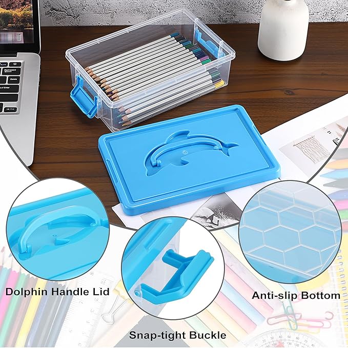 BTSKY 1-Pack Clear Plastic Storage Box with Lid, Stackable Organizer Featuring Easy-Lift Dolphin Design, Multi-Use Portable Container for Home, Craft, Office, Space-Saving with Secure-Clasp, Blue - Image 4