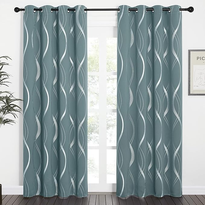 NICETOWN Blackout Curtains Panels for Living Room, Greyish Blue, 52" Wide x 84" Long, 2 Panels, Sound Reducing Thermal Insulated Wave Line Foil Print Design Curtains for Patio Sliding Glass Door - Image 2