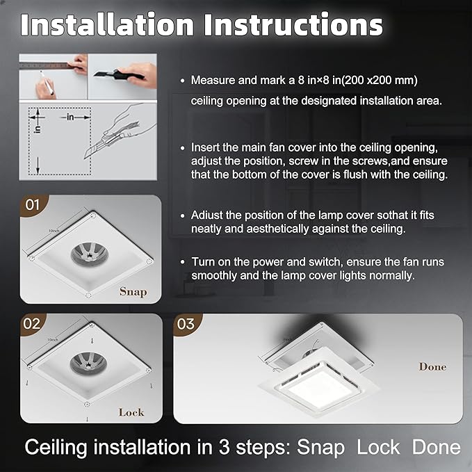 9.4" Quiet Bathroom Exhaust Fan with Led Lights, 110 CFM Whisper 1.0 sone, Ceiling 8"x8" Opening Square Panel Vent, Extractor for Ventilation, Garage, Basement, - Image 9