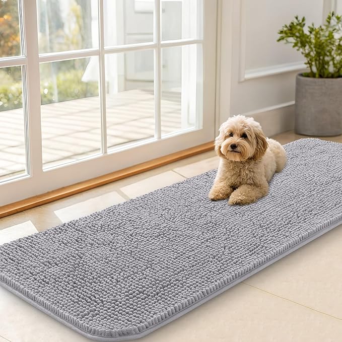 OLANLY Dog Door Mat for Muddy Paws 59x20, Absorbs Moisture and Dirt, Absorbent Non-Slip Washable Doormat, Quick Dry Chenille Mud Mat for Dogs, Entry Indoor Entryway Carpet for Inside Floor, Light Grey by OLANLY