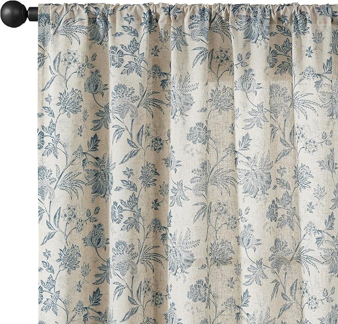 jinchan Linen Floral Curtains for Living Room with Printed Flower 63 Inches Long Light Filtering French Country Back Tab Rod Pocket Blue Window Curtain Set Farmhouse Drapes 2 Panels Blue - Image 9