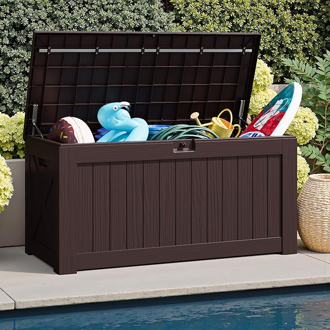 JUMMICO 120 Gallon Resin Deck Box, Large Outdoor Storage Box Waterproof & Lockable for Garden, Patio, Pools (Deep Brown) - Image 4