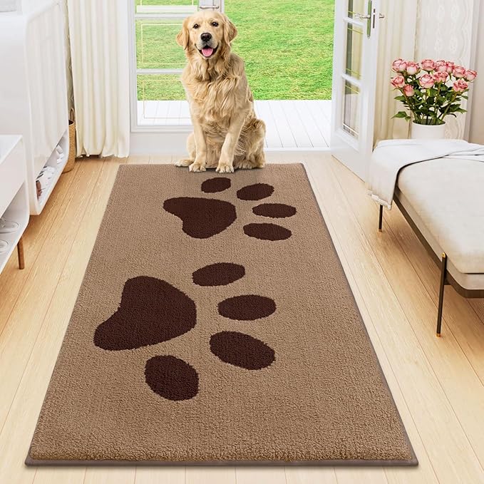 Smiry Dog Door Mat for Muddy Paws, Absorbs Moisture and Dirt, Low-Profile Entryway Mat with Non-Slip Backing, Entry Indoor Outdoor Doormat for Inside Floor (47x24 Inches, Beige, Paw) by Smiry