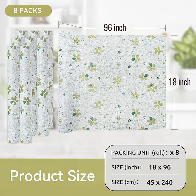 FIFTY FEET 18"x96" Non-Adhesive Shelf Liner for Kitchen Cabinets and Drawers, Washable Non-Slip PVC Cabinet Liner (Green Floral)(8 Roll) - Image 5