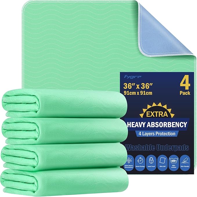 4 Pack 36” x 36” Extra Heavy Absorbency Washable Underpads, Waterproof Quick Drying Nursing Incontinence Reusable Washable Bed Pee Pads for Dogs, Diaper Changing & Adults, Green by Fygrip